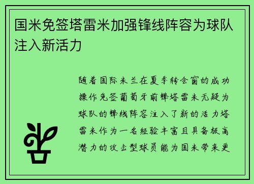国米免签塔雷米加强锋线阵容为球队注入新活力
