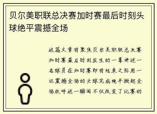 贝尔美职联总决赛加时赛最后时刻头球绝平震撼全场